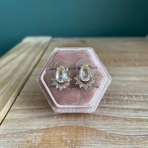 Gold stud wedding earring, oval with hugger design below stud